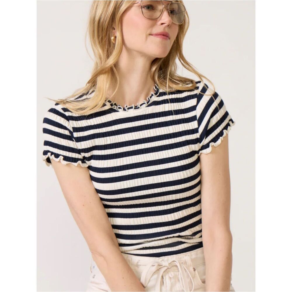Nation LTD Natalia Top NWT WomensXS Striped Rib Knit Lettuce Edge Tee Navy Ivory